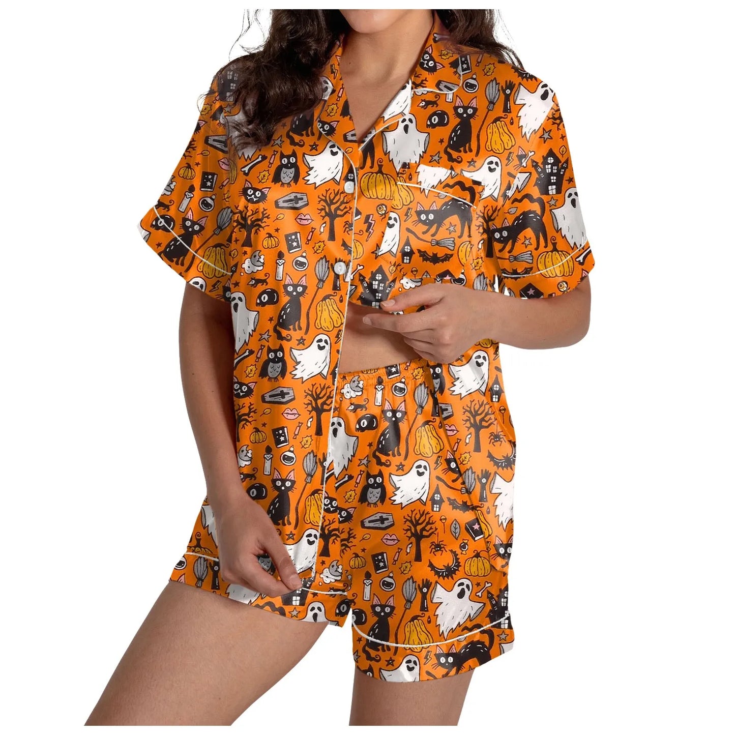 Women Halloween Pajama Set Ghost Pumpkin Print Short Sleeve Button Closure Top with Shorts 2 Pieces Outfits Sleepwear Loungewear