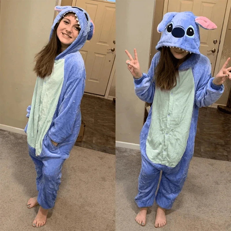 Disney Stitch Winter Adult Jumpsuit Men's and Women's Sleepwear Set Integrated Halloween Christmas Hooded Cartoon Jumpsuit