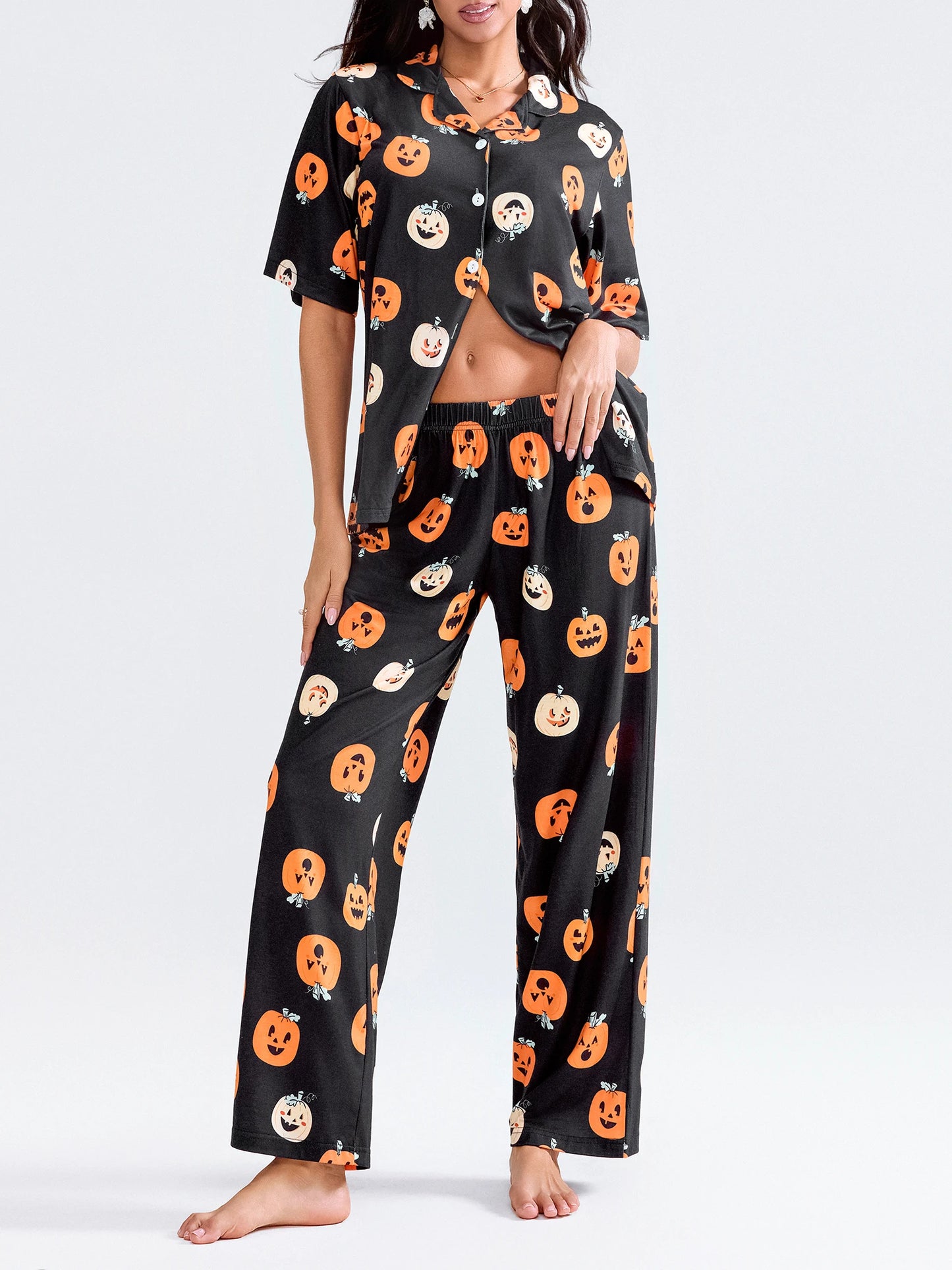 Women Halloween Pajama Set Pumpkin Print Short Sleeve Button Closure Shirt with Pants Sleepwear Loungewear