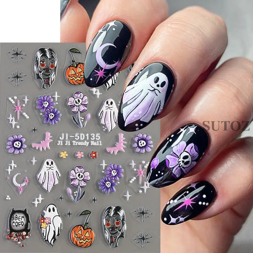 5D Embossed Ghost Nail Art Stickers Halloween Cartoon Pumpkin Skull Nail Decals Spider Web Daisy Sliders For Manicure NTJI-5D131