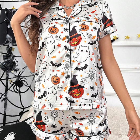 Women Halloween Pajama Set Ghost Pumpkin Print Short Sleeve Button Closure Top with Shorts Sleepwear Loungewear