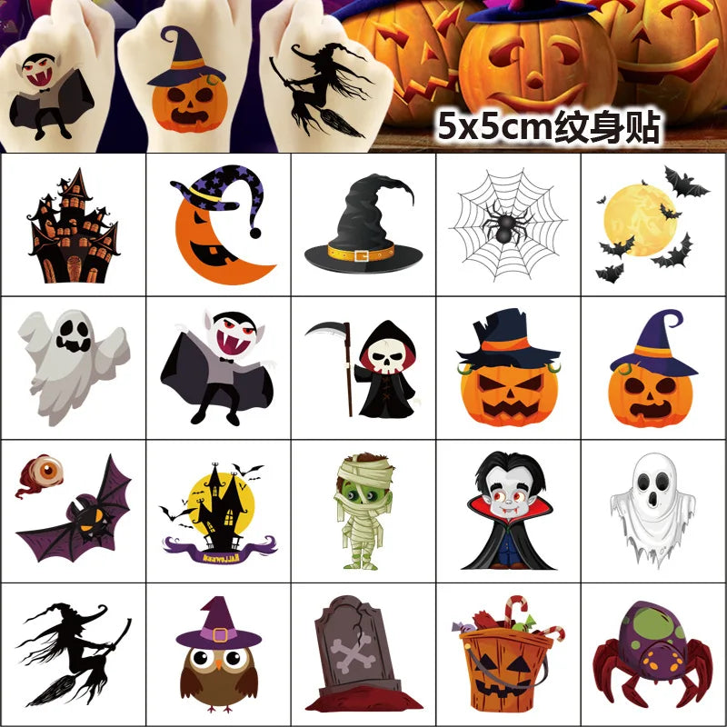 20Pcs/set Halloween Temporary Tattoo Stickers Pumpkin Bat Candy Ghost Fake Tattoos Stickers Waterproof Funny For Kids Gift