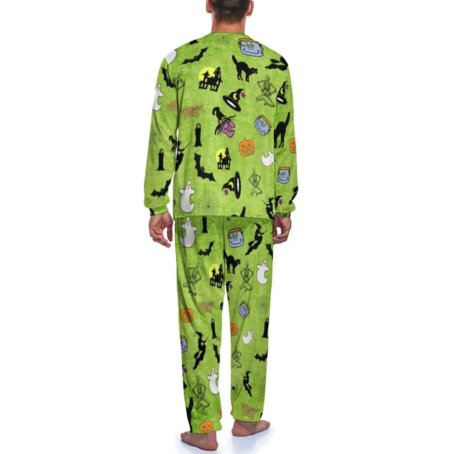 Black Cat Print Pajamas Autumn 2 Pieces Halloween Bats Elegant Pajama Sets Man Long Sleeves Sleep Graphic Sleepwear