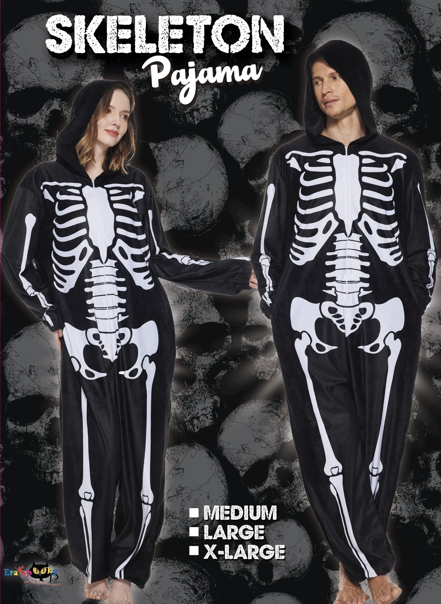 Eraspooky Adult Skeleton Pajamas Women Onesie Hooded Men Sleepwear Halloween Costume Couple Jumpsuits Carnival Purim Fancy Dress