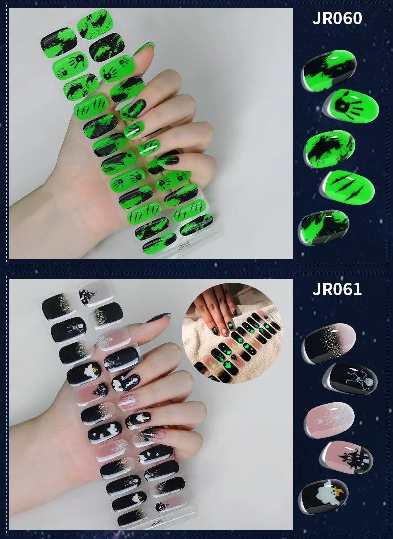 24Tips Halloween Semi Cure Nail Wraps Enhancer Luminous Nail Strips Adhesive Pumpkin Skull Gel Nails Stickers for UV Lamp Need