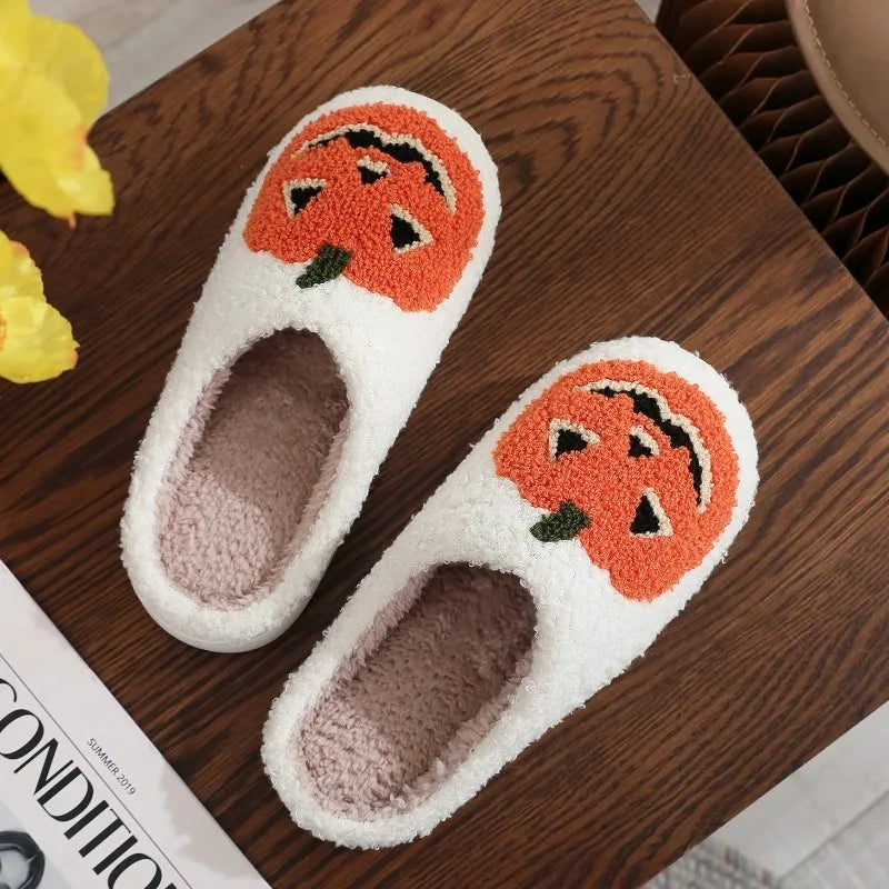 Smile Pumpkin Halloween Women's Slippers Winter Indoor Cartoon Comfort Home Bedroom Soft Causal Flat Plush Shoes for Gift