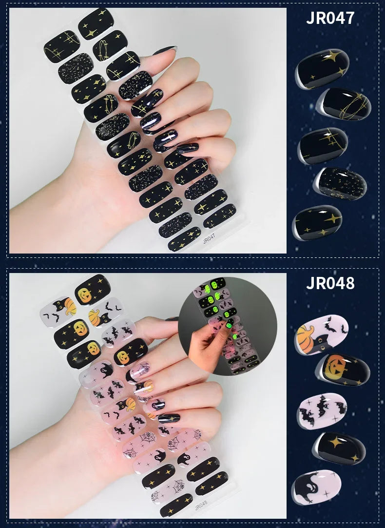 24Tips Halloween Semi Cure Nail Wraps Enhancer Luminous Nail Strips Adhesive Pumpkin Skull Gel Nails Stickers for UV Lamp Need