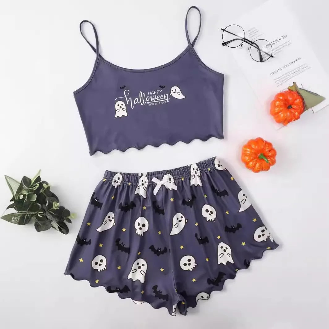 Underwear with Halloween Ghost Printed Spaghetti Straps Women's Silk Satin Pajamas Set Soft Pajamas Women Pajamas Ladies Pajamas