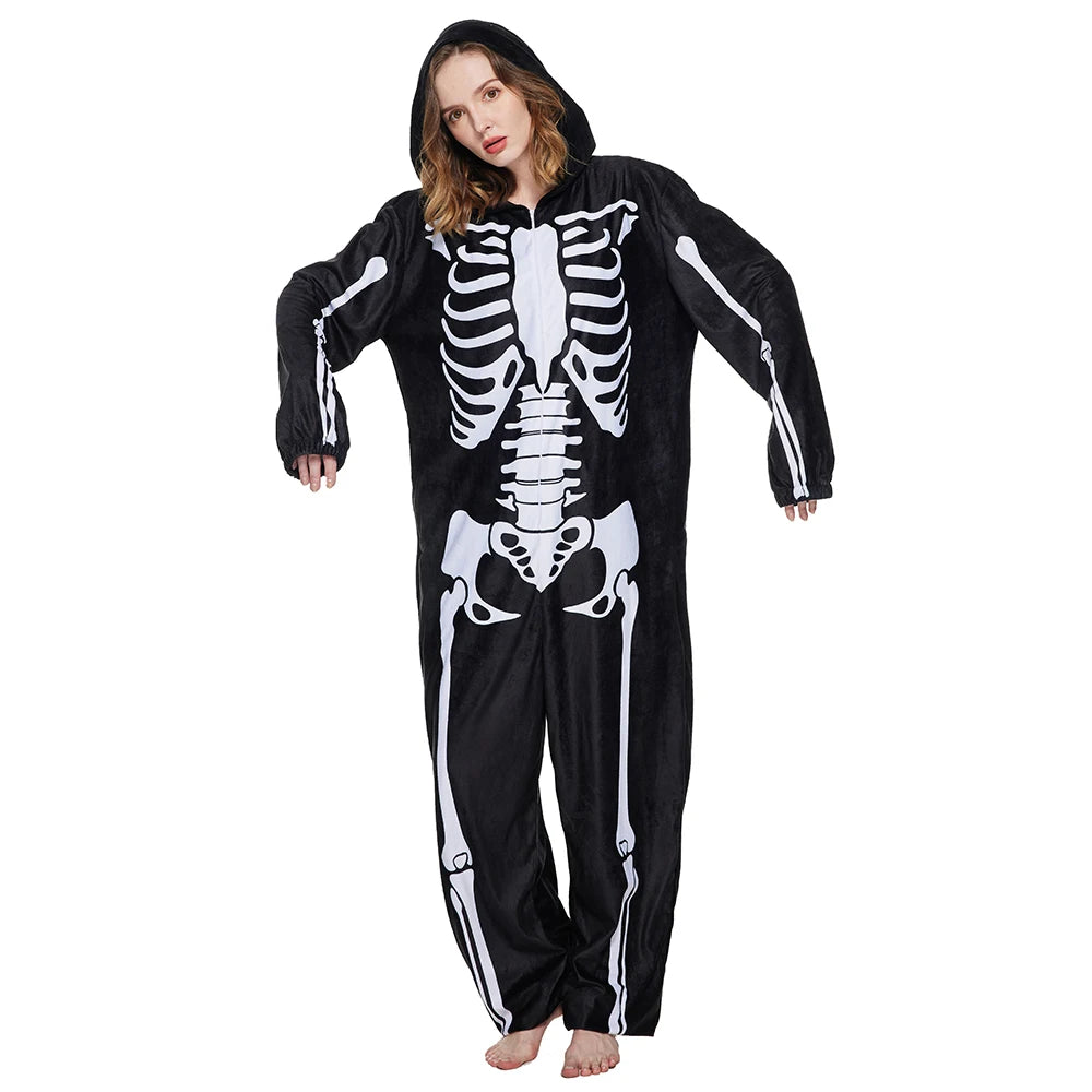 Eraspooky Adult Skeleton Pajamas Women Onesie Hooded Men Sleepwear Halloween Costume Couple Jumpsuits Carnival Purim Fancy Dress