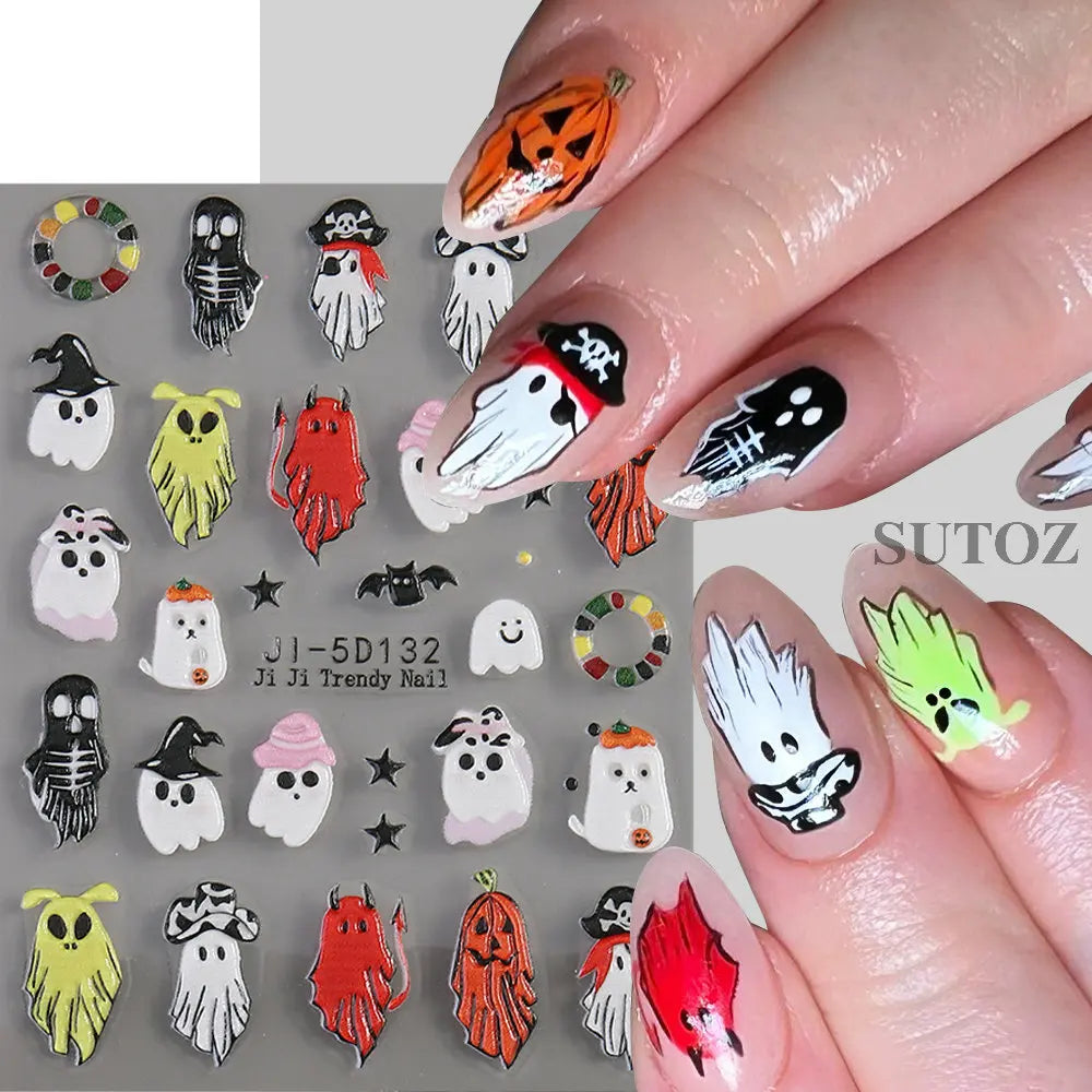 5D Embossed Ghost Nail Art Stickers Halloween Cartoon Pumpkin Skull Nail Decals Spider Web Daisy Sliders For Manicure NTJI-5D131