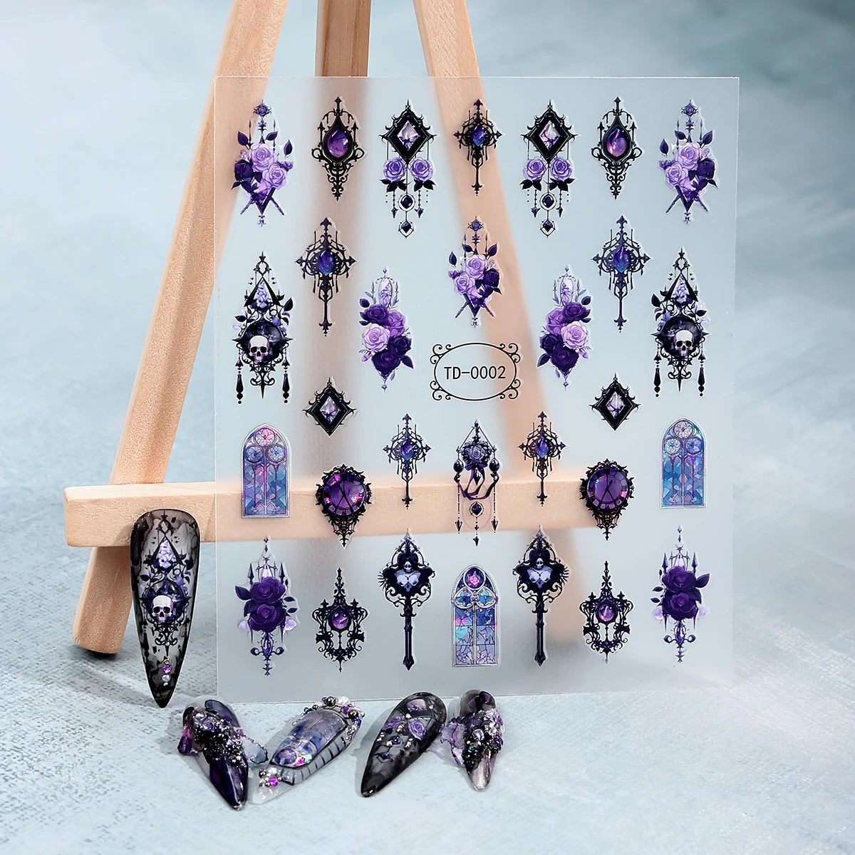 2pcs 3D Black Purple Halloween Nail Stickers Gothic Skull Rose Butterfly Nail Decals for Festival Nail Decor Manicure Sliders