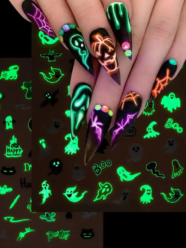 1PCS Glow In The Dark Halloween Nail Art Sticker Luminous 3D Adhesive Slider Spider Web Sliders Skull  Manicure Decal Decoration