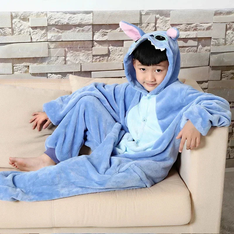 2024 Disney Stitch Pajama Anime Cartoon Cute Kids Flannel Costumes for Boys and Girls Cosplay Halloween Hooded Pajama Sets