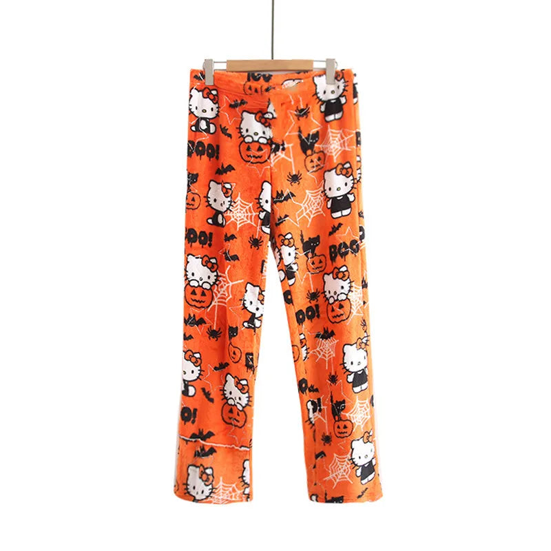 Halloween Cartoon Hello Kitty Women's Plush Pajamas Pants Anime Sanrio Halloween Cosplay Pants Plush Insulation Casual Home Wear