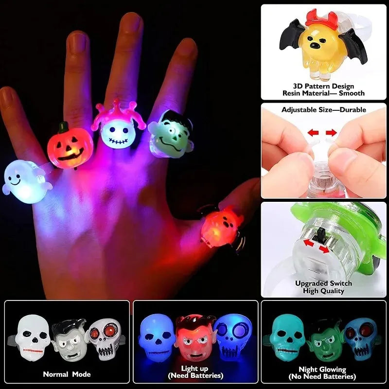 Halloween LED Flashing Light Ring Horror Pumpkin Ghost Spider Glow Finger Rings for Kids Trick Party Cosplay Supplies Party Gift