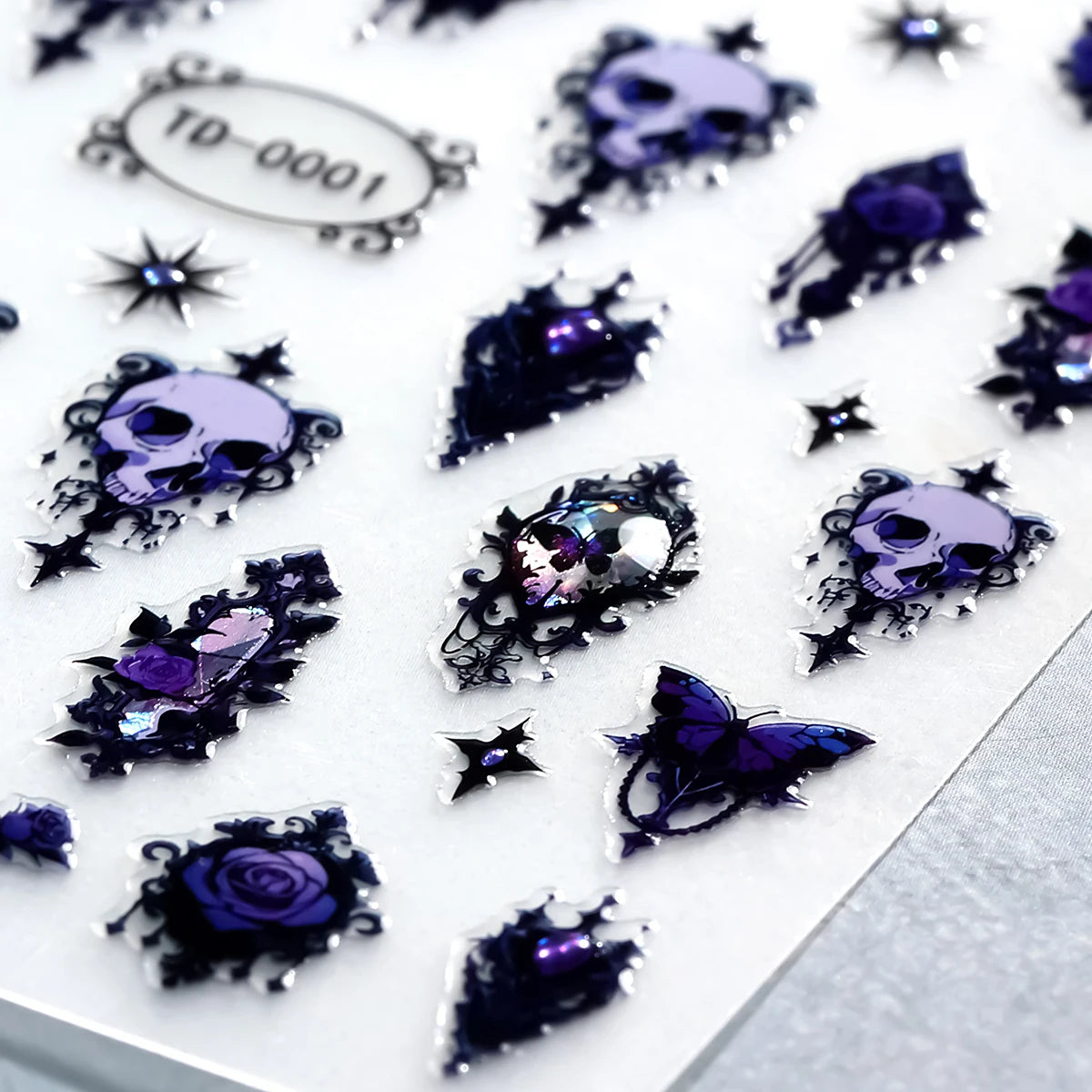 2pcs 3D Black Purple Halloween Nail Stickers Gothic Skull Rose Butterfly Nail Decals for Festival Nail Decor Manicure Sliders