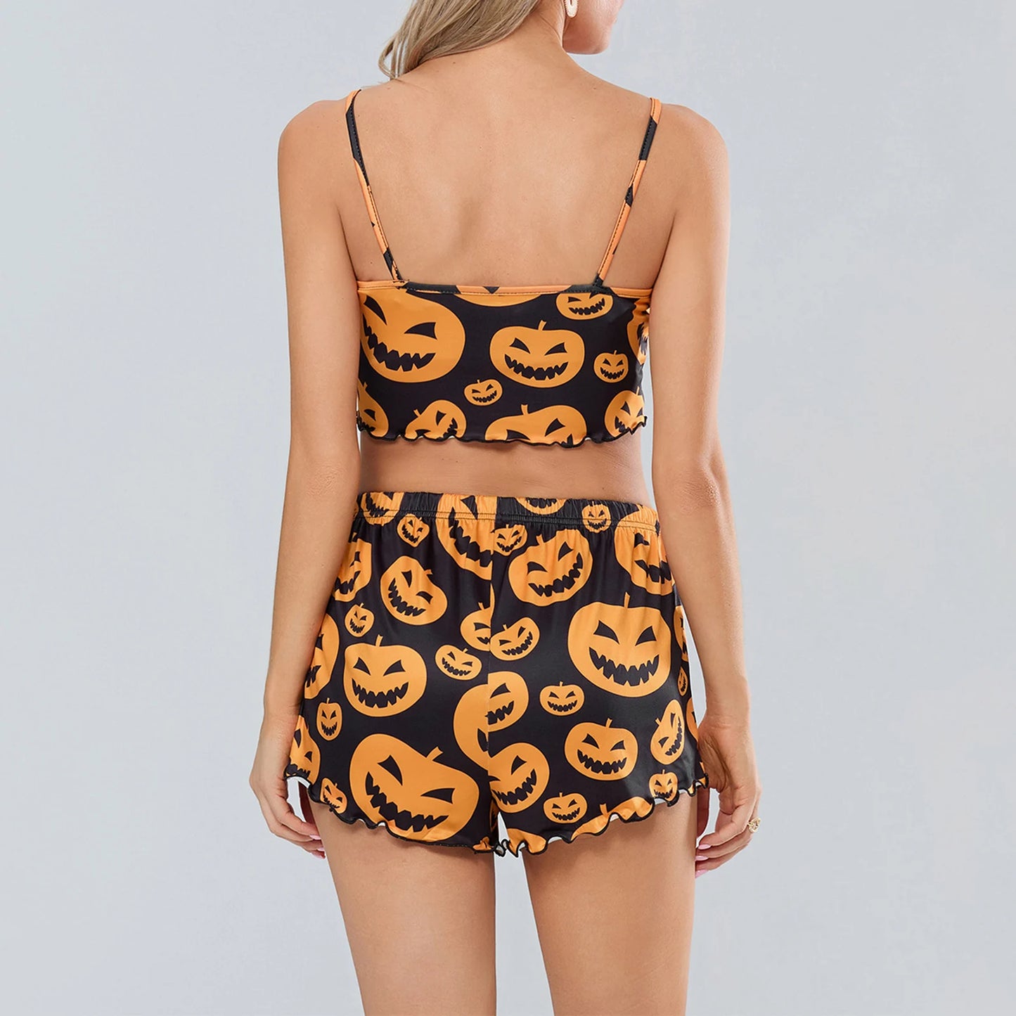 Women's Halloween Pajamas Sets Sexy Pumpkin Print Sleeveless Cami Tops with Elastic Waist Shorts Loungewear Sleepwear Outfits